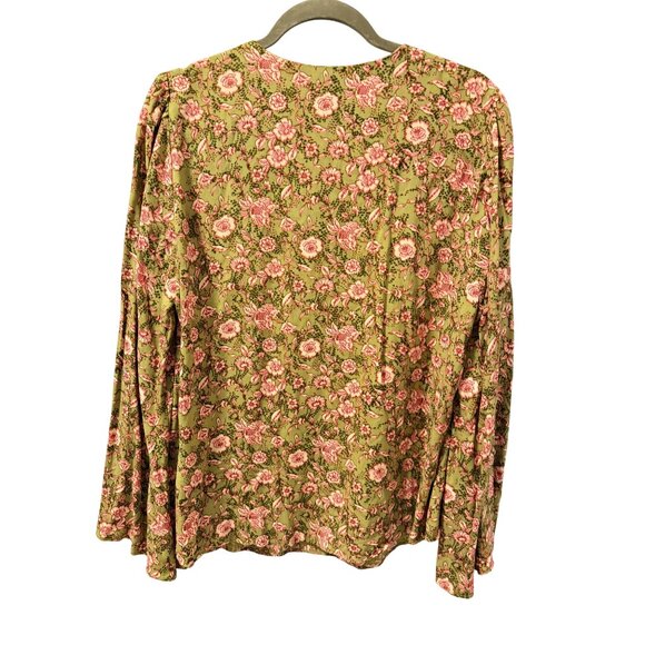 Jessica Simpson Olive Green Floral Boho Blouse With Tie Neck Sz L - Picture 5 of 11